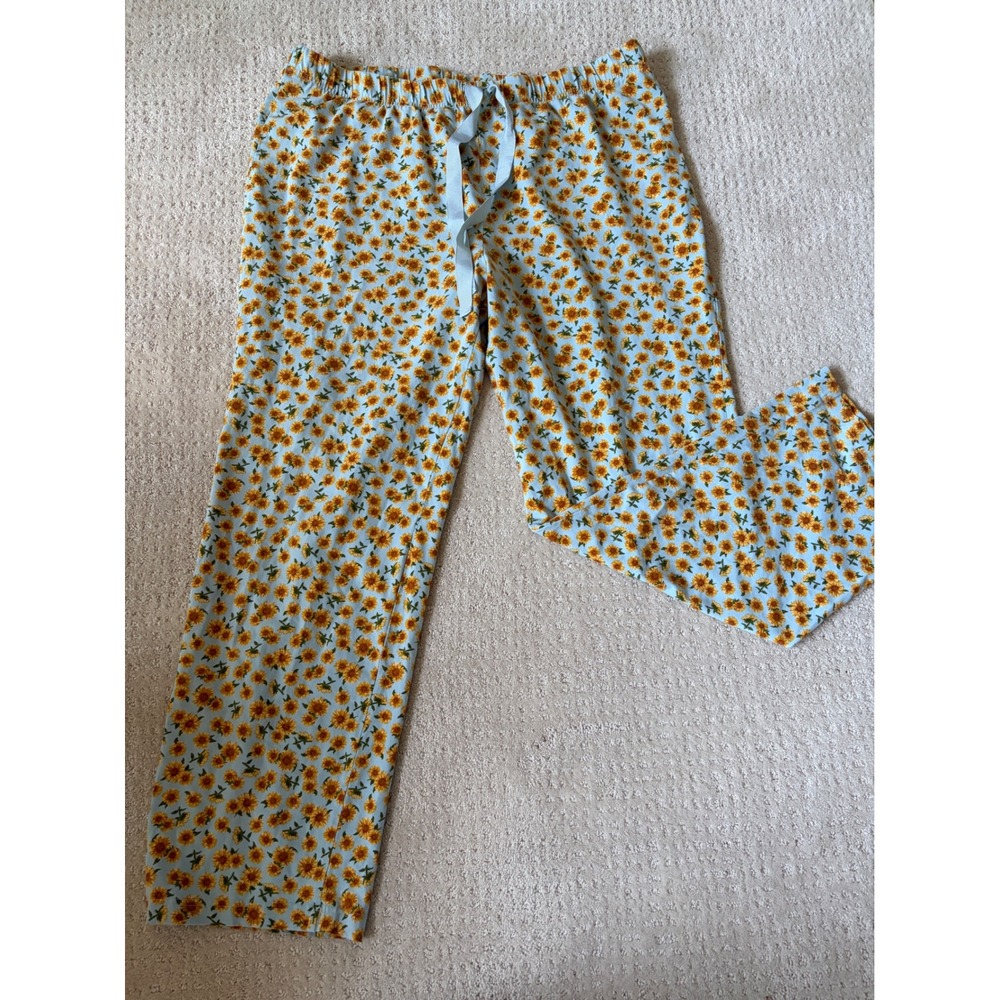 Lands End Pajama Lounge Pants Womens XL Blue Yellow Sunflower Floral Cotton Cozy